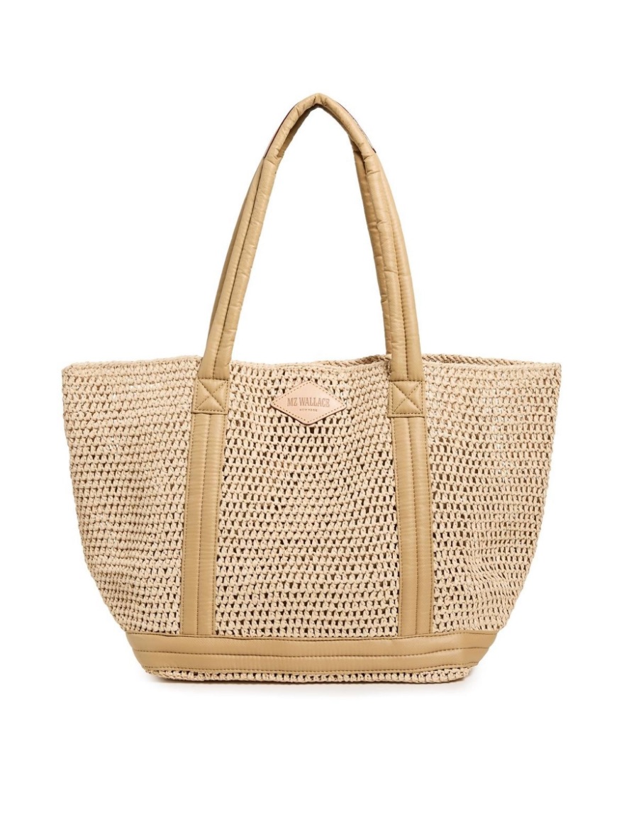 Mz Wallace Natural Woven Crochet Tote Gold Trim Pouch Sequins Tan Beach Travel